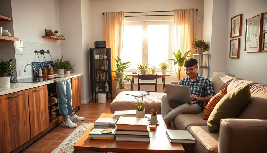 A cozy, well-lit apartment living room scene showcasing two diverse young adults happily engaged in various activities together. In the foreground, one person is cooking in the kitchen area, wearing a casual but tidy outfit, while the other sits at a comfortable sofa, typing on a laptop and smiling. On the coffee table, there are shared items like books and snacks, symbolizing collaboration and friendship. The middle ground features a warm, inviting color palette with houseplants and personal touches, like framed pictures of friends and family decorating the walls. In the background, a large window lets in soft, golden sunlight, creating a cheerful and relaxed atmosphere. The overall mood is one of camaraderie, illustrating the advantages of having a roommate beyond financial savings. The scene should convey a sense of harmony and shared life experiences. A cozy, well-lit apartment living room scene showcasing two diverse young adults happily engaged in various activities together. In the foreground, one person is cooking in the kitchen area, wearing a casual but tidy outfit, while the other sits at a comfortable sofa, typing on a laptop and smiling. On the coffee table, there are shared items like books and snacks, symbolizing collaboration and friendship. The middle ground features a warm, inviting color palette with houseplants and personal touches, like framed pictures of friends and family decorating the walls. In the background, a large window lets in soft, golden sunlight, creating a cheerful and relaxed atmosphere. The overall mood is one of camaraderie, illustrating the advantages of having a roommate beyond financial savings. The scene should convey a sense of harmony and shared life experiences.