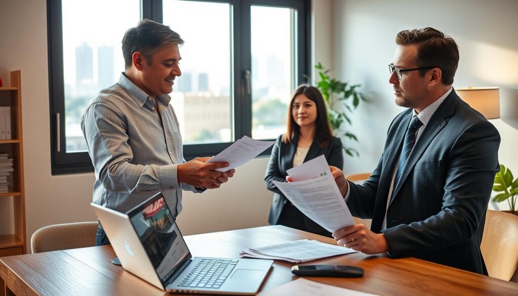 A cozy, well-lit office space focused on a homeowner discussing property leasing with a potential tenant. In the foreground, a middle-aged man in smart casual attire stands at a desk, pointing at paperwork while showing information about a rental property in Maringá. The tenant, a woman in professional business attire, looks attentive and engaged. In the middle ground, a laptop displays a listing with property details. The background features a window with soft natural light streaming in, highlighting a view of Maringá's skyline and greenery outside. The atmosphere is serious yet approachable, emphasizing a sense of trust and professionalism in the rental process. The image should have a balanced composition, capturing the interaction with clarity and warmth. A cozy, well-lit office space focused on a homeowner discussing property leasing with a potential tenant. In the foreground, a middle-aged man in smart casual attire stands at a desk, pointing at paperwork while showing information about a rental property in Maringá. The tenant, a woman in professional business attire, looks attentive and engaged. In the middle ground, a laptop displays a listing with property details. The background features a window with soft natural light streaming in, highlighting a view of Maringá's skyline and greenery outside. The atmosphere is serious yet approachable, emphasizing a sense of trust and professionalism in the rental process. The image should have a balanced composition, capturing the interaction with clarity and warmth.