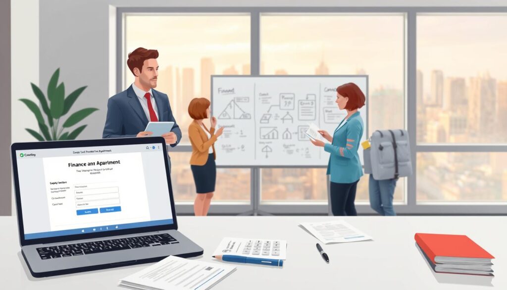 A creative and informative illustration depicting the step-by-step process of financing an apartment. In the foreground, a clean, modern desk with documents, a calculator, and a laptop open to a financing application page. In the middle ground, a diverse group of three professionals in business attire, two analyzing documents and one discussing near a whiteboard filled with diagrams and notes on financing options. The background features a large window showing a city skyline. Soft, warm lighting creates an inviting atmosphere, while a slight blur on the background suggests focus on the action at the desk. The overall mood is collaborative and educational, emphasizing clarity in the financing process. A creative and informative illustration depicting the step-by-step process of financing an apartment. In the foreground, a clean, modern desk with documents, a calculator, and a laptop open to a financing application page. In the middle ground, a diverse group of three professionals in business attire, two analyzing documents and one discussing near a whiteboard filled with diagrams and notes on financing options. The background features a large window showing a city skyline. Soft, warm lighting creates an inviting atmosphere, while a slight blur on the background suggests focus on the action at the desk. The overall mood is collaborative and educational, emphasizing clarity in the financing process.