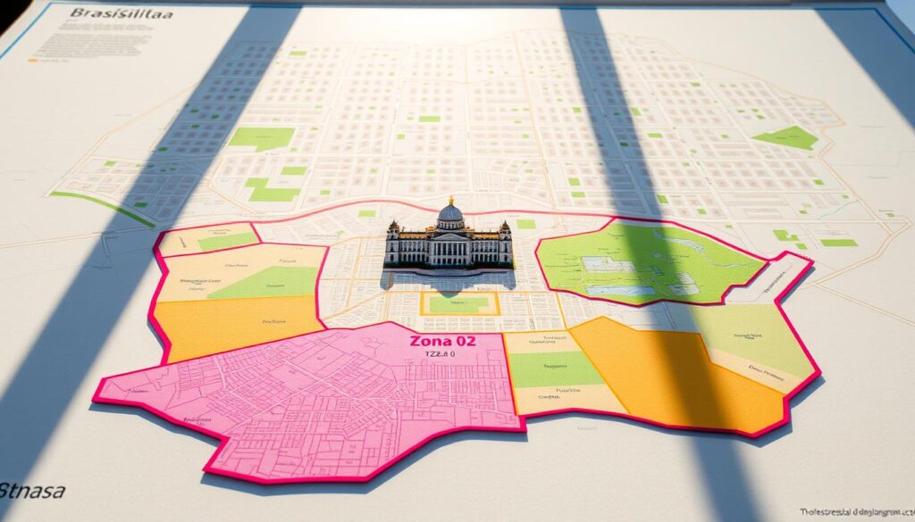 A detailed administrative map of Brasília, showcasing the distinct zones and regions. In the foreground, clearly delineated sections of Zona 02, with bright colored boundaries against a muted background. The middle layer features prominent landmarks or governmental buildings like the Palácio da Alvorada, represented with careful precision. In the background, an abstract grid graphic of Brasília's urban layout, incorporating green spaces and roads. The image is illuminated by natural sunlight, casting gentle shadows across the map, creating a warm and inviting atmosphere. The perspective is slightly elevated, allowing a comprehensive view of the zoning divisions, with vibrant colors that evoke clarity and organization, enhancing the understanding of Brasília's urban planning. A detailed administrative map of Brasília, showcasing the distinct zones and regions. In the foreground, clearly delineated sections of Zona 02, with bright colored boundaries against a muted background. The middle layer features prominent landmarks or governmental buildings like the Palácio da Alvorada, represented with careful precision. In the background, an abstract grid graphic of Brasília's urban layout, incorporating green spaces and roads. The image is illuminated by natural sunlight, casting gentle shadows across the map, creating a warm and inviting atmosphere. The perspective is slightly elevated, allowing a comprehensive view of the zoning divisions, with vibrant colors that evoke clarity and organization, enhancing the understanding of Brasília's urban planning.
