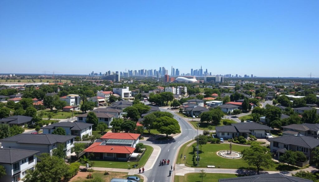 A detailed aerial view of Zone 02 in Brasília, showcasing its residential landscape. In the foreground, modern houses with varied architectural styles line well-maintained streets, surrounded by lush greenery and small parks. In the middle ground, noticeable features such as schools, local shops, and community areas reflect neighborhood life. The background displays Brasília’s iconic skyline with its distinctive modernist buildings under a clear blue sky. The lighting is warm and inviting, suggesting a sunny afternoon. The scene should convey a sense of safety and community, with families and individuals in modest casual clothing, engaging in activities like walking dogs or playing in parks. Use a wide-angle lens to capture the depth of the neighborhood. A detailed aerial view of Zone 02 in Brasília, showcasing its residential landscape. In the foreground, modern houses with varied architectural styles line well-maintained streets, surrounded by lush greenery and small parks. In the middle ground, noticeable features such as schools, local shops, and community areas reflect neighborhood life. The background displays Brasília’s iconic skyline with its distinctive modernist buildings under a clear blue sky. The lighting is warm and inviting, suggesting a sunny afternoon. The scene should convey a sense of safety and community, with families and individuals in modest casual clothing, engaging in activities like walking dogs or playing in parks. Use a wide-angle lens to capture the depth of the neighborhood.