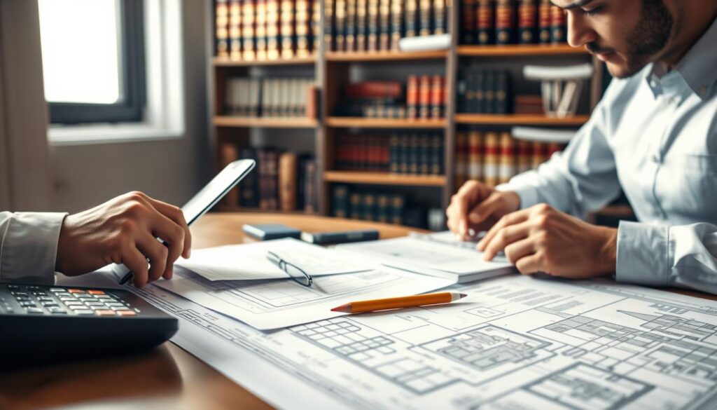 A detailed and focused scene depicting the essence of "averbação na matrícula de imóvel." In the foreground, a professional-looking individual in business attire is diligently reviewing documents related to property registration, emphasizing the significance of averbação. In the middle ground, a well-organized desk displays a few property documents, a pencil, and a calculator, symbolizing careful analysis and attention to detail. In the background, soft, natural lighting filters through a window, illuminating shelves filled with legal books and records. The atmosphere is serious and focused, conveying the importance and authority of property documentation. The composition captures an architectural blueprint laid out alongside the documents, reinforcing the theme of real estate ownership. A detailed and focused scene depicting the essence of "averbação na matrícula de imóvel." In the foreground, a professional-looking individual in business attire is diligently reviewing documents related to property registration, emphasizing the significance of averbação. In the middle ground, a well-organized desk displays a few property documents, a pencil, and a calculator, symbolizing careful analysis and attention to detail. In the background, soft, natural lighting filters through a window, illuminating shelves filled with legal books and records. The atmosphere is serious and focused, conveying the importance and authority of property documentation. The composition captures an architectural blueprint laid out alongside the documents, reinforcing the theme of real estate ownership.