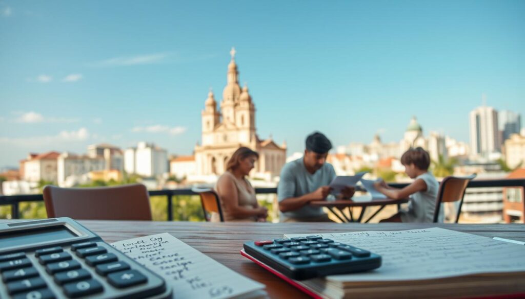 A detailed and informative depiction of monthly living expenses in Maringá, Brazil. In the foreground, a calculator and a notepad filled with handwritten notes represent budgeting. In the middle ground, a family seated at a dining table examines bills and documents, dressed in modest casual clothing. In the background, a vibrant cityscape of Maringá showcases its iconic architecture, like the Cathedral of Maringá, under a clear blue sky. Soft, natural lighting fills the scene, creating a warm and inviting atmosphere. The composition should capture a sense of realism and relatability, highlighting the balance between family life and financial planning in an urban setting. A detailed and informative depiction of monthly living expenses in Maringá, Brazil. In the foreground, a calculator and a notepad filled with handwritten notes represent budgeting. In the middle ground, a family seated at a dining table examines bills and documents, dressed in modest casual clothing. In the background, a vibrant cityscape of Maringá showcases its iconic architecture, like the Cathedral of Maringá, under a clear blue sky. Soft, natural lighting fills the scene, creating a warm and inviting atmosphere. The composition should capture a sense of realism and relatability, highlighting the balance between family life and financial planning in an urban setting.
