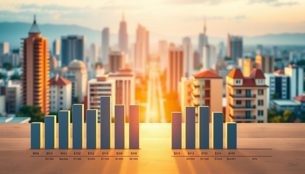 A detailed and informative illustration comparing rental prices in Maringá and Curitiba, highlighting the housing aspect that significantly impacts the cost of living. In the foreground, depict a visually striking infographic with clear bar graphs representing average rental prices in both cities. In the middle, incorporate stylized representations of iconic buildings or homes from each city, showing their architectural differences. In the background, create a soft-focus urban skyline featuring elements from both Maringá and Curitiba to emphasize the comparison. Use warm, inviting lighting to evoke a sense of comfort, while a professional camera angle captures the infographic and city elements harmoniously, embodying an analytical yet approachable atmosphere. A detailed and informative illustration comparing rental prices in Maringá and Curitiba, highlighting the housing aspect that significantly impacts the cost of living. In the foreground, depict a visually striking infographic with clear bar graphs representing average rental prices in both cities. In the middle, incorporate stylized representations of iconic buildings or homes from each city, showing their architectural differences. In the background, create a soft-focus urban skyline featuring elements from both Maringá and Curitiba to emphasize the comparison. Use warm, inviting lighting to evoke a sense of comfort, while a professional camera angle captures the infographic and city elements harmoniously, embodying an analytical yet approachable atmosphere.