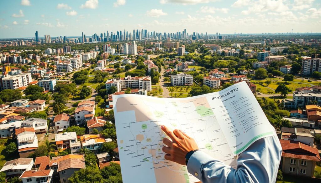 A detailed and informative scene depicting the calculation of IPTU (property tax) in Maringá, Brazil. In the foreground, a professional-looking individual in business attire is studying a large map of Maringá with highlighted neighborhoods, focusing on areas with the highest IPTU rates. The middle ground features various residential buildings typical of Maringá, showcasing different architectural styles – from modern homes to older structures. In the background, a panoramic view of Maringá's skyline, with green parks and public spaces indicative of the city's charm. The lighting is bright and natural, simulating a sunny afternoon, with warm tones emphasizing a welcoming atmosphere. The composition should be dynamic and engaging, inviting viewers to understand the complexity and importance of IPTU calculations in the city. A detailed and informative scene depicting the calculation of IPTU (property tax) in Maringá, Brazil. In the foreground, a professional-looking individual in business attire is studying a large map of Maringá with highlighted neighborhoods, focusing on areas with the highest IPTU rates. The middle ground features various residential buildings typical of Maringá, showcasing different architectural styles – from modern homes to older structures. In the background, a panoramic view of Maringá's skyline, with green parks and public spaces indicative of the city's charm. The lighting is bright and natural, simulating a sunny afternoon, with warm tones emphasizing a welcoming atmosphere. The composition should be dynamic and engaging, inviting viewers to understand the complexity and importance of IPTU calculations in the city.