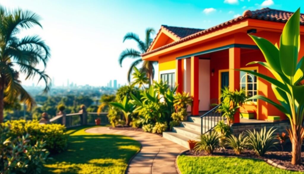 A detailed and inviting image of a Brazilian property, specifically portraying a "domínio útil" scenario. In the foreground, a well-maintained house with a traditional yet modern architectural style, showcasing vibrant colors and lush greenery, symbolizing ownership and attachment. In the middle ground, a clear view of a manicured garden and a pathway leading to the entrance, inviting exploration. In the background, the skyline of a Brazilian city can be faintly seen under a bright blue sky, indicating a blend of urban life with residential comfort. The lighting is warm and natural, suggesting a sunny afternoon. The atmosphere conveys stability, security, and community, without any text or distractions. A detailed and inviting image of a Brazilian property, specifically portraying a "domínio útil" scenario. In the foreground, a well-maintained house with a traditional yet modern architectural style, showcasing vibrant colors and lush greenery, symbolizing ownership and attachment. In the middle ground, a clear view of a manicured garden and a pathway leading to the entrance, inviting exploration. In the background, the skyline of a Brazilian city can be faintly seen under a bright blue sky, indicating a blend of urban life with residential comfort. The lighting is warm and natural, suggesting a sunny afternoon. The atmosphere conveys stability, security, and community, without any text or distractions.