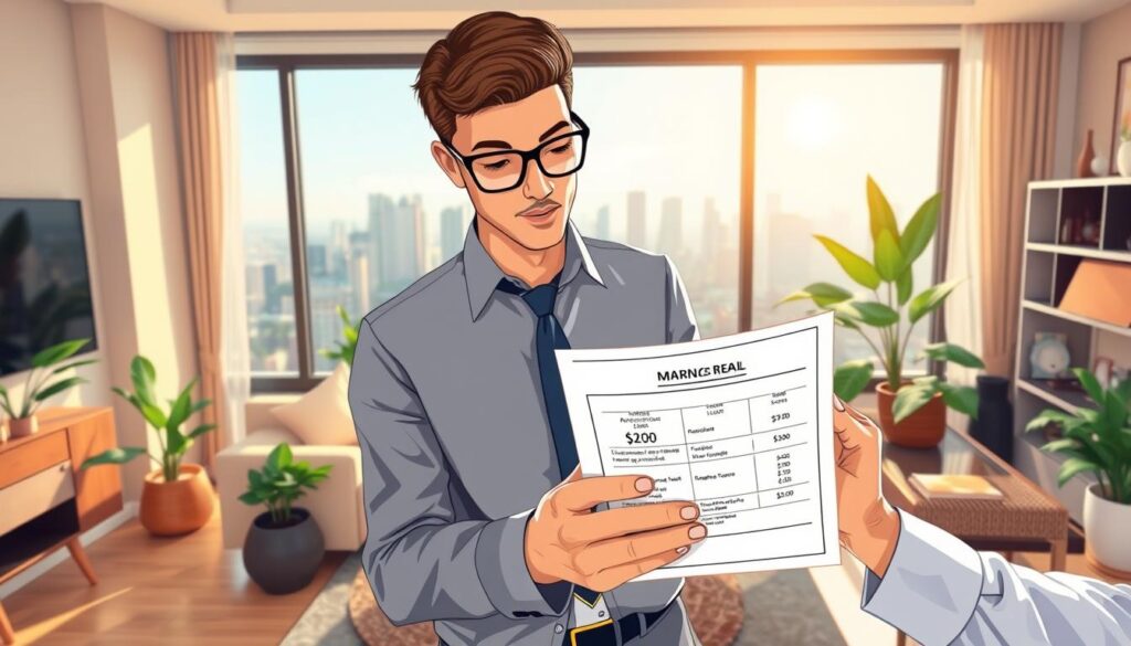A detailed and vibrant illustration of a modern apartment rental scene in Maringá, Brazil. In the foreground, a professional businessperson, dressed in smart casual attire, analyzes a document displaying rental costs and terms. In the middle, showcase a stylish, contemporary living room with tasteful decor, including a cozy sofa, a small coffee table, and lush indoor plants. The background features large windows revealing a view of Maringá's skyline, with soft sunlight streaming in, creating an inviting atmosphere. Use a warm color palette to evoke a sense of comfort and professionalism. The camera angle is slightly tilted downwards, focusing on the subject's engaged expression while maintaining the essence of the apartment setting. A detailed and vibrant illustration of a modern apartment rental scene in Maringá, Brazil. In the foreground, a professional businessperson, dressed in smart casual attire, analyzes a document displaying rental costs and terms. In the middle, showcase a stylish, contemporary living room with tasteful decor, including a cozy sofa, a small coffee table, and lush indoor plants. The background features large windows revealing a view of Maringá's skyline, with soft sunlight streaming in, creating an inviting atmosphere. Use a warm color palette to evoke a sense of comfort and professionalism. The camera angle is slightly tilted downwards, focusing on the subject's engaged expression while maintaining the essence of the apartment setting.