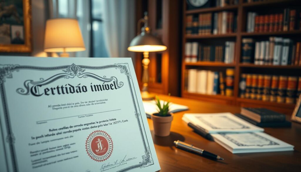A detailed and visually engaging image of a "certidão imóvel" document prominently displayed in the foreground. The document features a classic design with an ornate border and a prominent seal, signifying its importance in property ownership. In the middle ground, a stylish office setting is depicted, with a wooden desk and a vintage lamp casting a warm, inviting light. Papers, a pen, and a small potted plant add to the ambiance, creating a sense of professionalism and organization. In the background, a soft blur of a bookshelf filled with legal texts and property-related books enhances the scholarly atmosphere. The overall mood is one of trust, security, and clarity, illustrating the essential nature of the property certificate without any text or distractions. A detailed and visually engaging image of a "certidão imóvel" document prominently displayed in the foreground. The document features a classic design with an ornate border and a prominent seal, signifying its importance in property ownership. In the middle ground, a stylish office setting is depicted, with a wooden desk and a vintage lamp casting a warm, inviting light. Papers, a pen, and a small potted plant add to the ambiance, creating a sense of professionalism and organization. In the background, a soft blur of a bookshelf filled with legal texts and property-related books enhances the scholarly atmosphere. The overall mood is one of trust, security, and clarity, illustrating the essential nature of the property certificate without any text or distractions.
