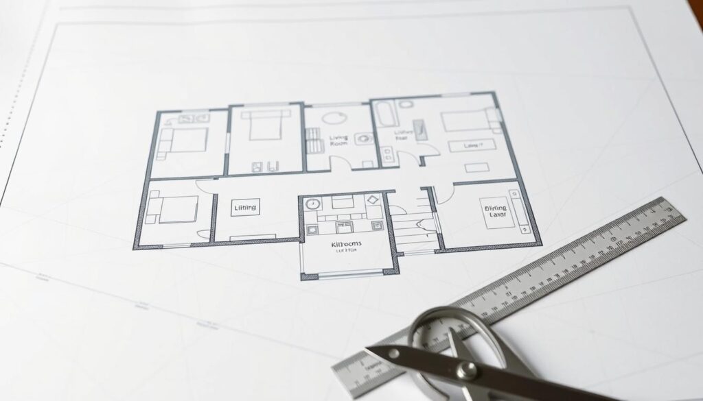 A detailed architectural blueprint of a residential floor plan, showcasing multiple rooms such as living room, kitchen, bedrooms, and bathrooms. The layout is drawn in precise, clean lines on a white background, emphasizing the structure and flow of the space. In the foreground, include a set of drafting tools like a compass and ruler, adding a professional touch. The middle ground features the floor plan itself, layered with subtle color highlights to differentiate rooms, while the background is softened with a light texture to evoke the feeling of an architect's workspace. The lighting is bright and even, enhancing readability, and the overall mood is one of clarity and professionalism. The image has no text or watermarks. A detailed architectural blueprint of a residential floor plan, showcasing multiple rooms such as living room, kitchen, bedrooms, and bathrooms. The layout is drawn in precise, clean lines on a white background, emphasizing the structure and flow of the space. In the foreground, include a set of drafting tools like a compass and ruler, adding a professional touch. The middle ground features the floor plan itself, layered with subtle color highlights to differentiate rooms, while the background is softened with a light texture to evoke the feeling of an architect's workspace. The lighting is bright and even, enhancing readability, and the overall mood is one of clarity and professionalism. The image has no text or watermarks.