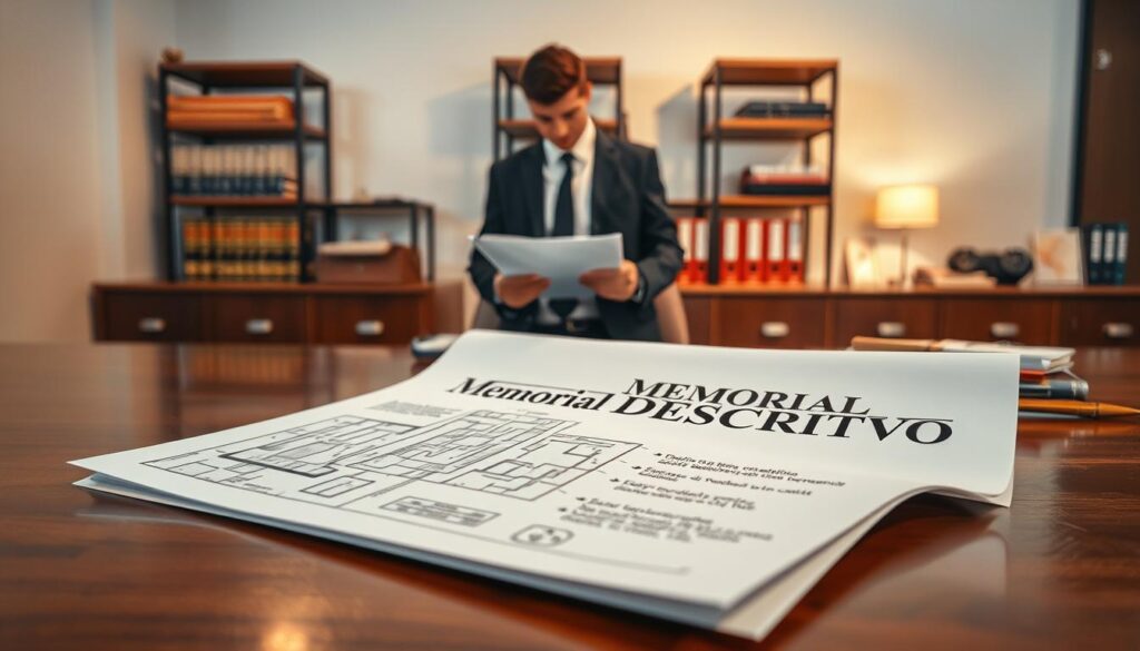 A detailed architectural document titled "Memorial Descritivo" lies open on a polished wooden desk in a well-lit office environment. The foreground features a close-up of the document, with intricate diagrams of a property layout and technical symbols clearly visible. In the middle ground, a professional in formal business attire is analyzing the document, demonstrating engagement with the content. The background showcases shelves filled with legal books and construction guidelines, emphasizing professionalism. Soft, warm lighting illuminates the scene, creating an inviting and focused atmosphere. A wide-angle view captures the entire setting, ensuring clarity and detail while maintaining a clean, organized appearance without any distractions like text or watermarks. A detailed architectural document titled "Memorial Descritivo" lies open on a polished wooden desk in a well-lit office environment. The foreground features a close-up of the document, with intricate diagrams of a property layout and technical symbols clearly visible. In the middle ground, a professional in formal business attire is analyzing the document, demonstrating engagement with the content. The background showcases shelves filled with legal books and construction guidelines, emphasizing professionalism. Soft, warm lighting illuminates the scene, creating an inviting and focused atmosphere. A wide-angle view captures the entire setting, ensuring clarity and detail while maintaining a clean, organized appearance without any distractions like text or watermarks.