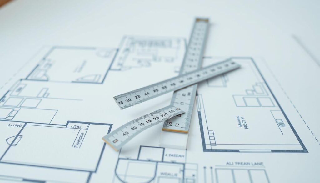 A detailed architectural floor plan depicting "scale in plants baixa" (floor plan scale) as a central theme. In the foreground, focus on multiple measurement scales, illustrated with blue and white markings, clearly showing various sections like living areas, bedrooms, and bathrooms to convey proportions. In the middle, layer in a semi-transparent overlay of a measuring tape and a ruler, emphasizing the importance of accuracy in measurements. The background should feature a soft gradient of light blue to white, evoking a calm and professional atmosphere. Use natural, diffuse lighting to highlight the intricate details of the floor plan, creating a sense of depth and perspective, as if viewed from a slight angle. Aim for a clean, modern aesthetic that clearly communicates the concept of scale in architectural drawings. A detailed architectural floor plan depicting "scale in plants baixa" (floor plan scale) as a central theme. In the foreground, focus on multiple measurement scales, illustrated with blue and white markings, clearly showing various sections like living areas, bedrooms, and bathrooms to convey proportions. In the middle, layer in a semi-transparent overlay of a measuring tape and a ruler, emphasizing the importance of accuracy in measurements. The background should feature a soft gradient of light blue to white, evoking a calm and professional atmosphere. Use natural, diffuse lighting to highlight the intricate details of the floor plan, creating a sense of depth and perspective, as if viewed from a slight angle. Aim for a clean, modern aesthetic that clearly communicates the concept of scale in architectural drawings.