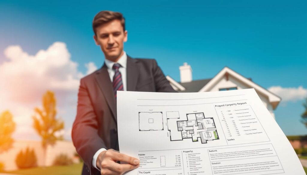 A detailed architectural rendering of a real estate property report, emphasizing the essential elements of a property description. In the foreground, a professional-looking real estate agent in smart business attire is showing a detailed document with illustrations of a house layout, property dimensions, and key features like the garden and deck. In the middle ground, there’s a beautifully designed house, showcasing its modern facade, large windows, and well-kept landscaping. The background includes a clear blue sky and a few fluffy clouds, enhancing the sense of a bright day. Soft, natural lighting illuminates the scene, creating a warm and inviting atmosphere, while capturing the professionalism and importance of proper property documentation in real estate transactions. A detailed architectural rendering of a real estate property report, emphasizing the essential elements of a property description. In the foreground, a professional-looking real estate agent in smart business attire is showing a detailed document with illustrations of a house layout, property dimensions, and key features like the garden and deck. In the middle ground, there’s a beautifully designed house, showcasing its modern facade, large windows, and well-kept landscaping. The background includes a clear blue sky and a few fluffy clouds, enhancing the sense of a bright day. Soft, natural lighting illuminates the scene, creating a warm and inviting atmosphere, while capturing the professionalism and importance of proper property documentation in real estate transactions.