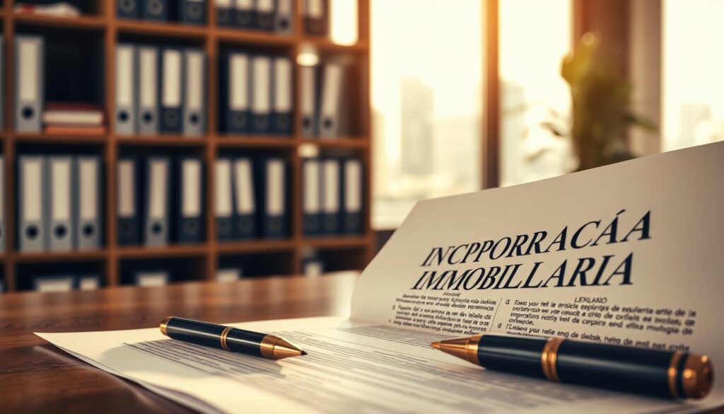 A detailed close-up of a legal document titled "Registro de Incorporação Imobiliária," displayed prominently in the foreground. The document is partially rolled open, showing intricate lines and legal text. A stylish pen rests beside it, suggesting a moment of signing. In the middle ground, there are subtle hints of a modern office environment with shelves filled with real estate books and folders, creating a sense of professionalism. In the background, a soft-focused window reveals a city skyline, suggesting urban development. The lighting is warm and inviting, casting soft shadows that enhance the textures of the document and the office setting. The mood is serious yet hopeful, reflecting the importance of this legal process in real estate. A detailed close-up of a legal document titled "Registro de Incorporação Imobiliária," displayed prominently in the foreground. The document is partially rolled open, showing intricate lines and legal text. A stylish pen rests beside it, suggesting a moment of signing. In the middle ground, there are subtle hints of a modern office environment with shelves filled with real estate books and folders, creating a sense of professionalism. In the background, a soft-focused window reveals a city skyline, suggesting urban development. The lighting is warm and inviting, casting soft shadows that enhance the textures of the document and the office setting. The mood is serious yet hopeful, reflecting the importance of this legal process in real estate.