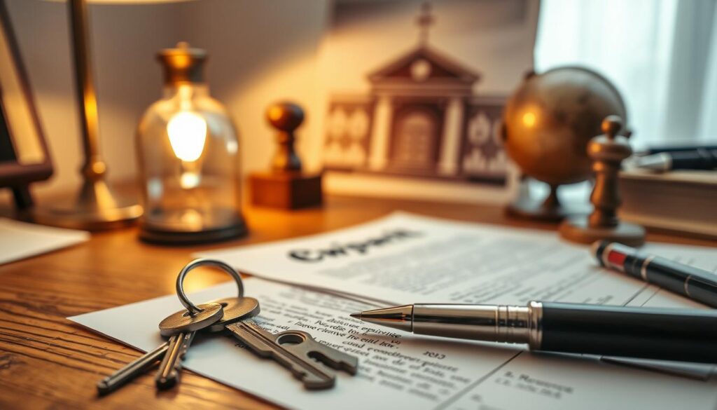 A detailed close-up of a wooden desk cluttered with legal documents and a stylish pen, symbolizing the concept of property registration. In the foreground, a set of keys rests next to the documents, representing ownership. In the middle background, a faded image of a notary public office, complete with a wooden stamp and an antique globe, suggests a sense of tradition and formality. Soft, warm lighting emanates from a desk lamp, creating a cozy yet professional atmosphere. The scene conveys importance and trust, emphasizing the need for legal security in real estate transactions. The composition is shot from a slight angle to add depth, showcasing the intricate details of the documents in focus while allowing the background elements to subtly reinforce the narrative. A detailed close-up of a wooden desk cluttered with legal documents and a stylish pen, symbolizing the concept of property registration. In the foreground, a set of keys rests next to the documents, representing ownership. In the middle background, a faded image of a notary public office, complete with a wooden stamp and an antique globe, suggests a sense of tradition and formality. Soft, warm lighting emanates from a desk lamp, creating a cozy yet professional atmosphere. The scene conveys importance and trust, emphasizing the need for legal security in real estate transactions. The composition is shot from a slight angle to add depth, showcasing the intricate details of the documents in focus while allowing the background elements to subtly reinforce the narrative.