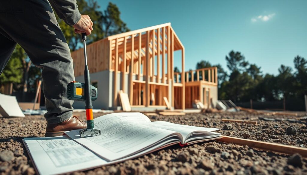 A detailed construction site showing the process of building a modern house. In the foreground, a construction worker in professional attire is measuring dimensions with a laser tool, and a blueprint lies open nearby. The middle ground features the house structure in progress, with framework, insulation, and construction materials scattered around. In the background, trees and a clear blue sky provide a serene atmosphere, complementing the industrious scene. Soft natural lighting illuminates the site, highlighting the textures of the materials. The perspective is slightly elevated, allowing the viewer to see the layout of the house and the organized chaos of the construction process. The mood is focused and industrious, illustrating the journey of home construction. A detailed construction site showing the process of building a modern house. In the foreground, a construction worker in professional attire is measuring dimensions with a laser tool, and a blueprint lies open nearby. The middle ground features the house structure in progress, with framework, insulation, and construction materials scattered around. In the background, trees and a clear blue sky provide a serene atmosphere, complementing the industrious scene. Soft natural lighting illuminates the site, highlighting the textures of the materials. The perspective is slightly elevated, allowing the viewer to see the layout of the house and the organized chaos of the construction process. The mood is focused and industrious, illustrating the journey of home construction.