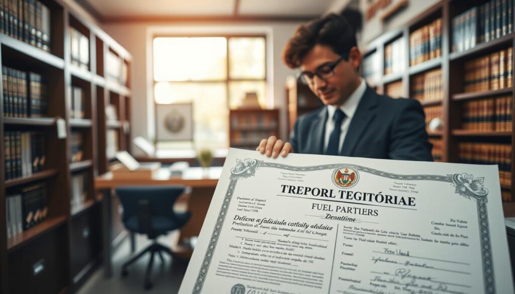 A detailed depiction of a Brazilian property registry office, with the focus on a traditional "matrícula cartório" document prominently displayed in the foreground. The document should have intricate details like seals, signatures, and formal layout, showcasing its official nature. In the middle ground, a professional individual dressed in business attire is examining the document with a look of concentration. The background should feature shelves filled with legal books and a welcoming reception area, creating a sense of order and professionalism. Soft, natural lighting filters through a window, casting a warm glow on the scene, enhancing the atmosphere of trustworthiness and diligence in property matters. A detailed depiction of a Brazilian property registry office, with the focus on a traditional "matrícula cartório" document prominently displayed in the foreground. The document should have intricate details like seals, signatures, and formal layout, showcasing its official nature. In the middle ground, a professional individual dressed in business attire is examining the document with a look of concentration. The background should feature shelves filled with legal books and a welcoming reception area, creating a sense of order and professionalism. Soft, natural lighting filters through a window, casting a warm glow on the scene, enhancing the atmosphere of trustworthiness and diligence in property matters.