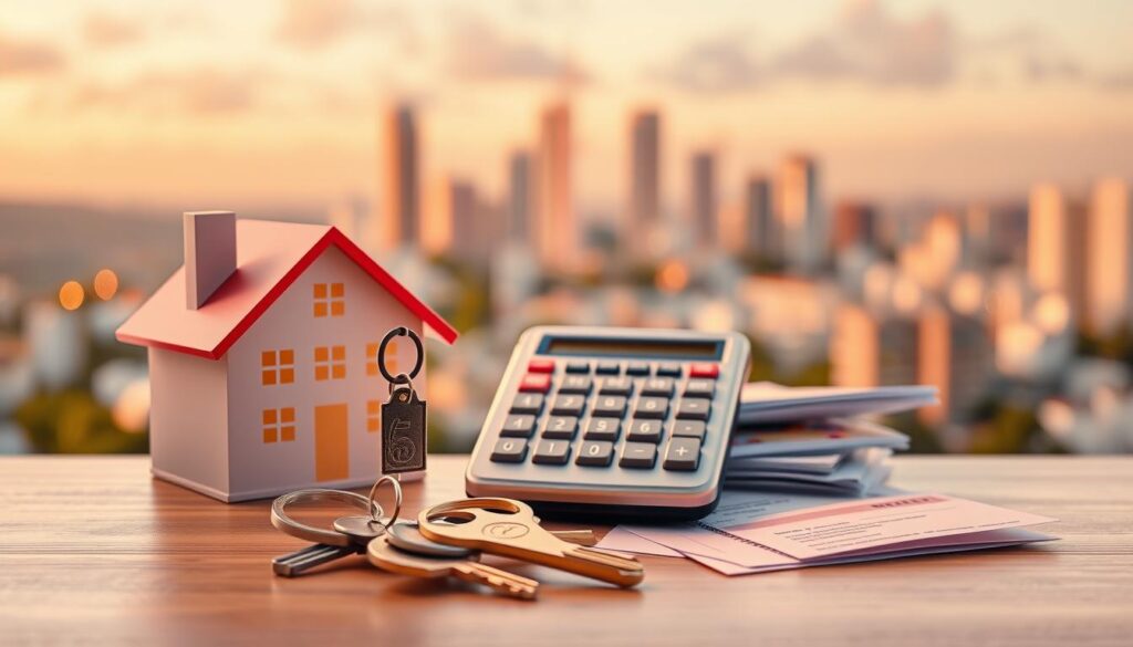 A detailed illustration capturing the concept of "Imposto sobre transmissão de bens imóveis" (ITBI). In the foreground, display a stylized representation of a house and keys, symbolizing real estate transactions. In the middle ground, depict a calculator and financial documents, emphasizing the calculation aspect of the tax. The background should feature a blurred skyline of Maringá, hinting at the local context. Use warm, inviting lighting to create an optimistic atmosphere, with soft shadows for depth. A slight overhead angle captures all elements harmoniously, ensuring clarity while maintaining a professional look. The image should evoke a sense of importance and obligation regarding property transfer taxes, relevant to the local community. A detailed illustration capturing the concept of "Imposto sobre transmissão de bens imóveis" (ITBI). In the foreground, display a stylized representation of a house and keys, symbolizing real estate transactions. In the middle ground, depict a calculator and financial documents, emphasizing the calculation aspect of the tax. The background should feature a blurred skyline of Maringá, hinting at the local context. Use warm, inviting lighting to create an optimistic atmosphere, with soft shadows for depth. A slight overhead angle captures all elements harmoniously, ensuring clarity while maintaining a professional look. The image should evoke a sense of importance and obligation regarding property transfer taxes, relevant to the local community.
