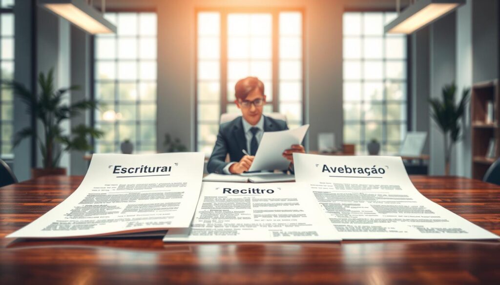 A detailed illustration depicting the difference between property documents: in the foreground, focus on three distinct documents labeled as 'Escritura', 'Registro', and 'Averbação', laid out on a polished wooden desk. Emphasize the texture of the papers, showing variations in design and color. In the middle, include a professional person in business attire analyzing the documents, with a thoughtful expression. The background should depict a bright, modern office environment with large windows allowing natural light to flood in, creating a warm, inviting atmosphere. Use a shallow depth of field to focus on the documents and the individual, ensuring clarity and a polished look. Aim for an informative yet serene mood, promoting understanding of the real estate process without any distractions. A detailed illustration depicting the difference between property documents: in the foreground, focus on three distinct documents labeled as 'Escritura', 'Registro', and 'Averbação', laid out on a polished wooden desk. Emphasize the texture of the papers, showing variations in design and color. In the middle, include a professional person in business attire analyzing the documents, with a thoughtful expression. The background should depict a bright, modern office environment with large windows allowing natural light to flood in, creating a warm, inviting atmosphere. Use a shallow depth of field to focus on the documents and the individual, ensuring clarity and a polished look. Aim for an informative yet serene mood, promoting understanding of the real estate process without any distractions.