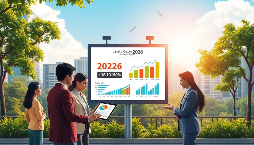 A detailed illustration depicting the real estate market analysis in Maringá for 2026, showcasing a vibrant and modern cityscape in the background with contemporary buildings and lush greenery. In the foreground, a diverse group of professionals in business attire is engaged in discussing charts and graphs on a digital tablet, analyzing property values and market trends. The middle ground features a large billboard displaying property statistics and trends for 'DWV janeiro outubro imóveis', with vibrant colors to highlight positive growth. The setting is bright and optimistic, with natural sunlight filtering through the trees, casting a warm glow. The atmosphere conveys a sense of progress and potential investment opportunities, inviting viewers to consider the thriving real estate market. The perspective is slightly elevated, giving a panoramic view of the scene. A detailed illustration depicting the real estate market analysis in Maringá for 2026, showcasing a vibrant and modern cityscape in the background with contemporary buildings and lush greenery. In the foreground, a diverse group of professionals in business attire is engaged in discussing charts and graphs on a digital tablet, analyzing property values and market trends. The middle ground features a large billboard displaying property statistics and trends for 'DWV janeiro outubro imóveis', with vibrant colors to highlight positive growth. The setting is bright and optimistic, with natural sunlight filtering through the trees, casting a warm glow. The atmosphere conveys a sense of progress and potential investment opportunities, inviting viewers to consider the thriving real estate market. The perspective is slightly elevated, giving a panoramic view of the scene.
