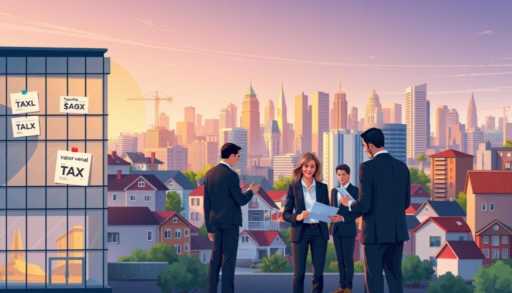 A detailed illustration of a cityscape featuring various types of residential and commercial properties that symbolize "valor venal." In the foreground, include a modern building with clear tax notices displayed on its façade and a calculator, symbolizing property valuation and taxation. The middle ground should feature a diverse group of professionals in business attire, discussing property values, with one reviewing documents. In the background, a vibrant city skyline with landmarks can be seen under soft evening light, casting warm hues across the scene, creating a sense of realism and professionalism. The overall mood should convey a serious yet approachable atmosphere, suitable for a financial discussion regarding property values. A detailed illustration of a cityscape featuring various types of residential and commercial properties that symbolize "valor venal." In the foreground, include a modern building with clear tax notices displayed on its façade and a calculator, symbolizing property valuation and taxation. The middle ground should feature a diverse group of professionals in business attire, discussing property values, with one reviewing documents. In the background, a vibrant city skyline with landmarks can be seen under soft evening light, casting warm hues across the scene, creating a sense of realism and professionalism. The overall mood should convey a serious yet approachable atmosphere, suitable for a financial discussion regarding property values.