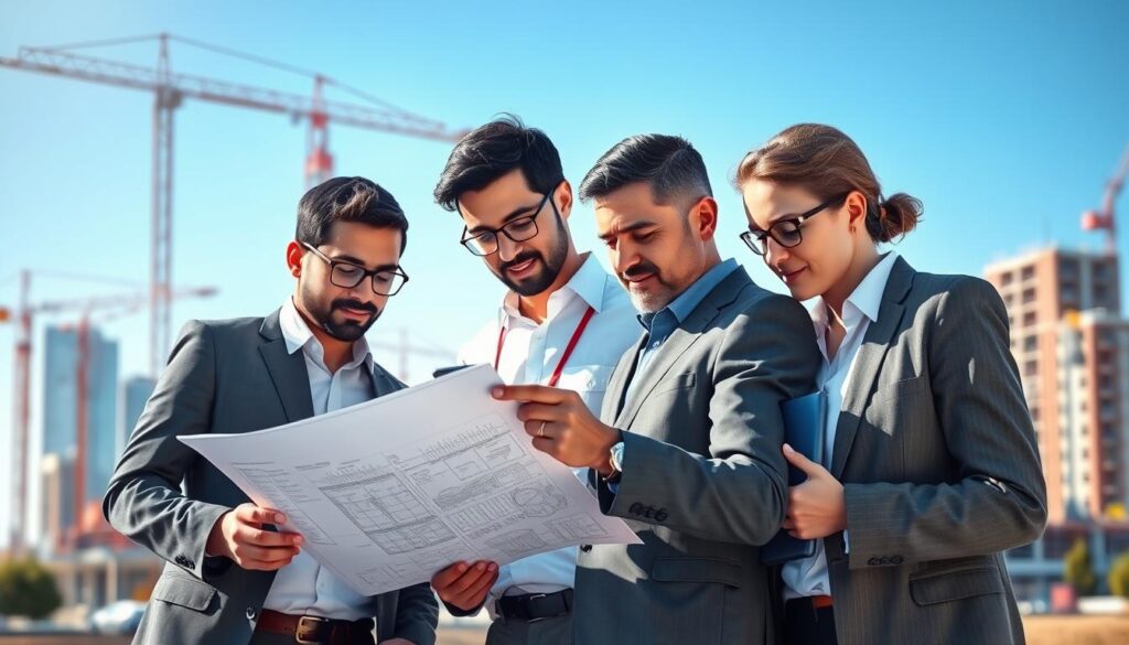 A detailed illustration of a construction site showcasing the "taxa de evolução obra," with a focus on a vibrant environment. In the foreground, a diverse group of professionals in business attire, including engineers and project managers, closely analyze blueprints and digital progress reports on a tablet. The middle layer features ongoing construction with cranes, scaffolding, and builders in safety gear, emphasizing progress and teamwork. The background displays a modern skyline under a bright, clear blue sky, symbolizing growth and development. Soft, natural lighting creates an optimistic atmosphere, reflecting the interconnectedness of planning and execution. A slight depth of field blurs the background, drawing attention to the professionals. A detailed illustration of a construction site showcasing the "taxa de evolução obra," with a focus on a vibrant environment. In the foreground, a diverse group of professionals in business attire, including engineers and project managers, closely analyze blueprints and digital progress reports on a tablet. The middle layer features ongoing construction with cranes, scaffolding, and builders in safety gear, emphasizing progress and teamwork. The background displays a modern skyline under a bright, clear blue sky, symbolizing growth and development. Soft, natural lighting creates an optimistic atmosphere, reflecting the interconnectedness of planning and execution. A slight depth of field blurs the background, drawing attention to the professionals.