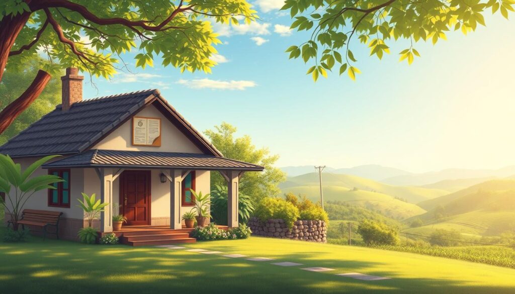 A detailed illustration of a "foreiro property" in a serene and professional setting. In the foreground, depict a traditional Brazilian house, showcasing its architecture with a quaint garden and a welcoming entrance. In the middle, include elements like legal documents partially visible to symbolize property agreements, along with lush greenery reflecting its rural origins. The background should reveal rolling hills and a clear blue sky, suggesting the historical landscape of areas common for foreiro properties. Utilize soft, natural lighting to enhance the tranquil atmosphere, capturing the essence of ownership and heritage. The perspective should be slightly elevated to provide a comprehensive view, emphasizing both the property and its surroundings. A detailed illustration of a "foreiro property" in a serene and professional setting. In the foreground, depict a traditional Brazilian house, showcasing its architecture with a quaint garden and a welcoming entrance. In the middle, include elements like legal documents partially visible to symbolize property agreements, along with lush greenery reflecting its rural origins. The background should reveal rolling hills and a clear blue sky, suggesting the historical landscape of areas common for foreiro properties. Utilize soft, natural lighting to enhance the tranquil atmosphere, capturing the essence of ownership and heritage. The perspective should be slightly elevated to provide a comprehensive view, emphasizing both the property and its surroundings.
