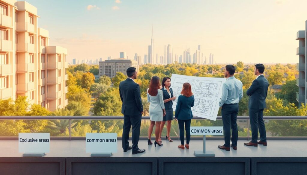 A detailed illustration of a real estate concept featuring a modern apartment complex. In the foreground, display distinct sections marked with signs that represent "exclusive areas" and "common areas." The middle ground showcases a diverse group of people in professional attire discussing the property’s layout on a blueprint, emphasizing collaboration and understanding. In the background, depict a sleek skyline and vibrant greenery surrounding the building, indicating a lively neighborhood. Soft, warm lighting creates an inviting atmosphere, enhancing the sense of community. Use a wide-angle perspective to capture the entire scene effectively, ensuring clarity and focus on the interactions and property details. The overall mood should convey professionalism, clarity, and a sense of togetherness in real estate investments. A detailed illustration of a real estate concept featuring a modern apartment complex. In the foreground, display distinct sections marked with signs that represent "exclusive areas" and "common areas." The middle ground showcases a diverse group of people in professional attire discussing the property’s layout on a blueprint, emphasizing collaboration and understanding. In the background, depict a sleek skyline and vibrant greenery surrounding the building, indicating a lively neighborhood. Soft, warm lighting creates an inviting atmosphere, enhancing the sense of community. Use a wide-angle perspective to capture the entire scene effectively, ensuring clarity and focus on the interactions and property details. The overall mood should convey professionalism, clarity, and a sense of togetherness in real estate investments.