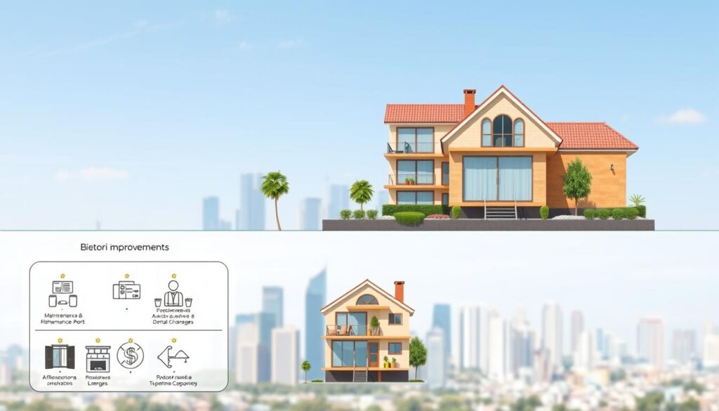A detailed illustration representing various types of improvements (benfeitorias) in a rental property context, arranged in three distinct layers. In the foreground, display diagrams of different improvement categories such as maintenance, alterations, and enhancements, each labeled with icons symbolizing their purpose. In the middle layer, show a well-maintained rental property featuring elements like renovated interiors and exterior landscaping, emphasizing a sense of quality living. In the background, include a city skyline subtly, blended with a clear blue sky, highlighting an urban environment. Use soft, natural lighting to create a welcoming atmosphere, with a focus on clarity and detail. The image should evoke a professional and informative mood without any text or distractions. A detailed illustration representing various types of improvements (benfeitorias) in a rental property context, arranged in three distinct layers. In the foreground, display diagrams of different improvement categories such as maintenance, alterations, and enhancements, each labeled with icons symbolizing their purpose. In the middle layer, show a well-maintained rental property featuring elements like renovated interiors and exterior landscaping, emphasizing a sense of quality living. In the background, include a city skyline subtly, blended with a clear blue sky, highlighting an urban environment. Use soft, natural lighting to create a welcoming atmosphere, with a focus on clarity and detail. The image should evoke a professional and informative mood without any text or distractions.