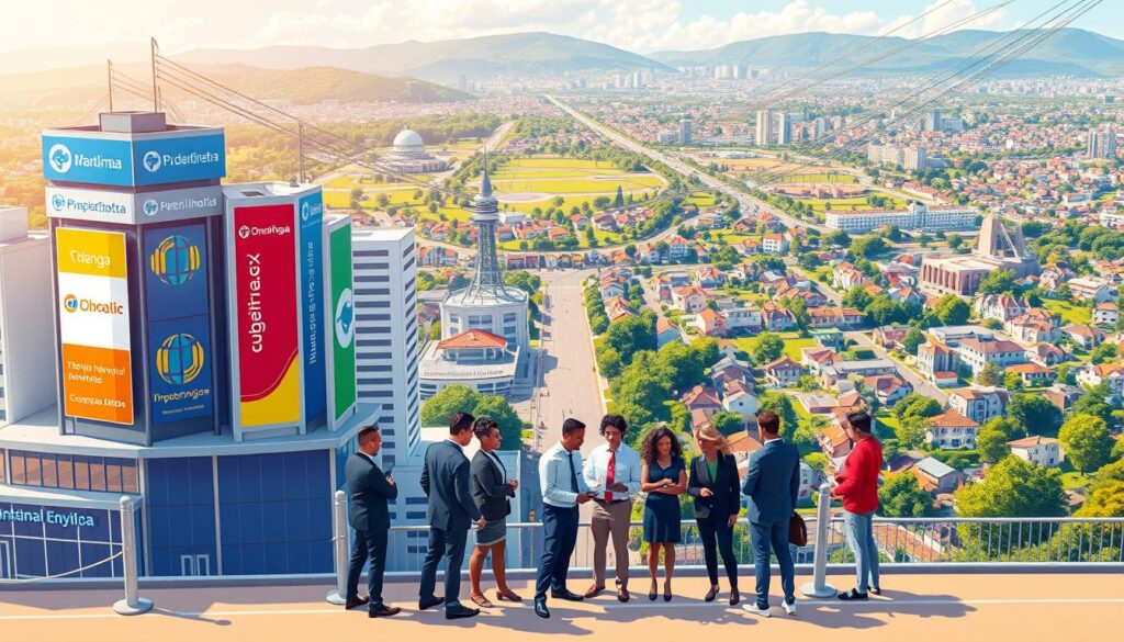 A detailed illustration showcasing the main fiber internet providers in Maringá, Brazil. In the foreground, feature a modern cityscape with sleek buildings and colorful banners representing various internet companies. The middle ground shows a diverse group of professionals in business attire discussing and interacting with fiber optic cables, highlighting the technology's importance. In the background, capture the vibrant neighborhoods of Maringá, with green parks and residential areas, symbolizing a connected community. Use bright, warm lighting to evoke a sense of optimism and technological advancement, with a slight lens blur on the distant landscape to emphasize the foreground activity. The overall mood is dynamic and engaging, reflecting the bustling advancement of fiber internet in the city. A detailed illustration showcasing the main fiber internet providers in Maringá, Brazil. In the foreground, feature a modern cityscape with sleek buildings and colorful banners representing various internet companies. The middle ground shows a diverse group of professionals in business attire discussing and interacting with fiber optic cables, highlighting the technology's importance. In the background, capture the vibrant neighborhoods of Maringá, with green parks and residential areas, symbolizing a connected community. Use bright, warm lighting to evoke a sense of optimism and technological advancement, with a slight lens blur on the distant landscape to emphasize the foreground activity. The overall mood is dynamic and engaging, reflecting the bustling advancement of fiber internet in the city.