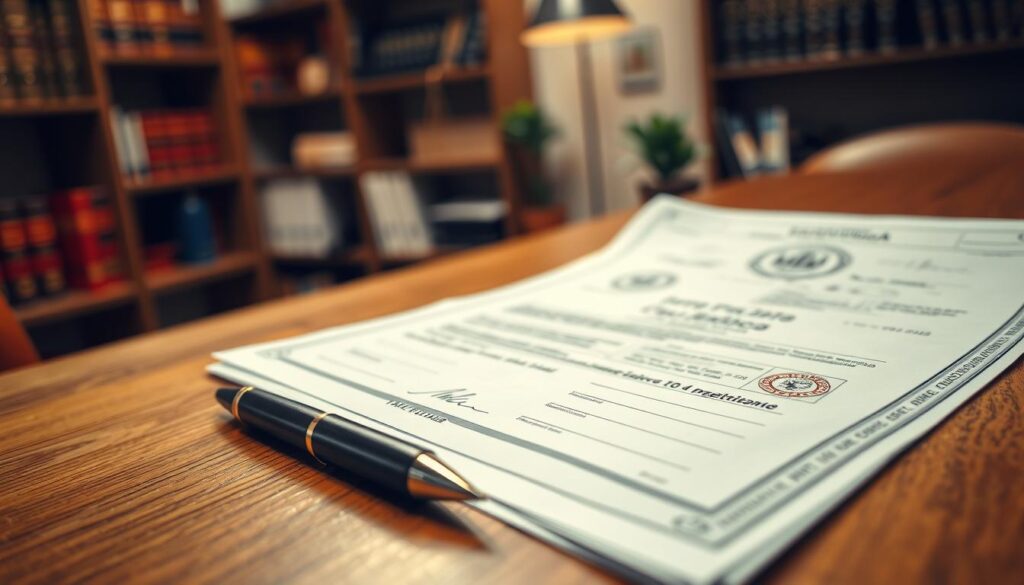 A detailed image of a property registration document, known as "matrícula imóvel," prominently displayed on a wooden desk. In the foreground, the document is partially unfolded, showcasing its formal layout, complete with official stamps and signatures. In the middle ground, an elegant pen rests beside the document, hinting at a professional environment. The background features a soft-focus view of a well-organized office, with shelves of legal books and a small potted plant, creating a calming and informative atmosphere. The lighting is warm and inviting, casting gentle shadows to enhance the professionalism of the setting. The angle is slightly overhead, capturing the details of the document while maintaining the context of the office space. A detailed image of a property registration document, known as "matrícula imóvel," prominently displayed on a wooden desk. In the foreground, the document is partially unfolded, showcasing its formal layout, complete with official stamps and signatures. In the middle ground, an elegant pen rests beside the document, hinting at a professional environment. The background features a soft-focus view of a well-organized office, with shelves of legal books and a small potted plant, creating a calming and informative atmosphere. The lighting is warm and inviting, casting gentle shadows to enhance the professionalism of the setting. The angle is slightly overhead, capturing the details of the document while maintaining the context of the office space.