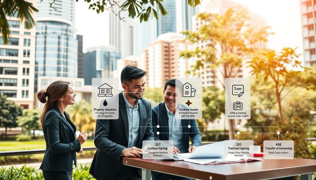 A detailed infographic illustrating the step-by-step process of property exchange, featuring a vibrant urban setting typical of Maringá. In the foreground, a diverse group of three professionals in smart business attire, including a real estate agent, a seller, and a buyer, animatedly discussing plans around a table with documents and a laptop. The middle layer shows a flowchart connecting various stages of the property exchange process, such as "Property Valuation," "Negotiation," "Contract Signing," and "Transfer of Ownership," visually represented with icons. The background highlights iconic buildings and green spaces of Maringá, under soft, natural lighting that conveys a positive and professional atmosphere. The perspective should be slightly elevated, providing a comprehensive view of the bustling scene, while maintaining clarity. A detailed infographic illustrating the step-by-step process of property exchange, featuring a vibrant urban setting typical of Maringá. In the foreground, a diverse group of three professionals in smart business attire, including a real estate agent, a seller, and a buyer, animatedly discussing plans around a table with documents and a laptop. The middle layer shows a flowchart connecting various stages of the property exchange process, such as "Property Valuation," "Negotiation," "Contract Signing," and "Transfer of Ownership," visually represented with icons. The background highlights iconic buildings and green spaces of Maringá, under soft, natural lighting that conveys a positive and professional atmosphere. The perspective should be slightly elevated, providing a comprehensive view of the bustling scene, while maintaining clarity.