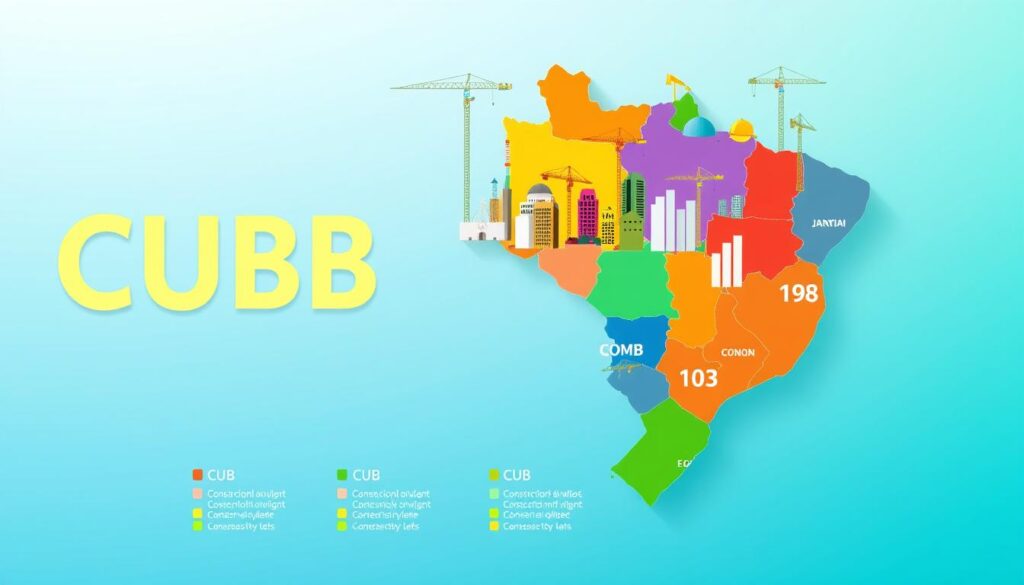 A detailed infographic-style illustration showing the CUB (Construction Budget Unit) status across different states. In the foreground, a well-defined map of Brazil highlights each state with vibrant colors, each state's CUB represented with varying bar graphs. In the middle layer, construction-related icons like cranes, buildings, and tools subtly overlay the map, symbolizing the construction industry. The background features a soft gradient representing a clear blue sky, evoking a sense of growth and development in real estate. The mood is professional and informative, with bright but balanced lighting that illuminates key elements, ensuring clarity and focus. Use a slightly elevated angle for depth and perspective, creating an engaging visual snapshot of CUB in the real estate market. A detailed infographic-style illustration showing the CUB (Construction Budget Unit) status across different states. In the foreground, a well-defined map of Brazil highlights each state with vibrant colors, each state's CUB represented with varying bar graphs. In the middle layer, construction-related icons like cranes, buildings, and tools subtly overlay the map, symbolizing the construction industry. The background features a soft gradient representing a clear blue sky, evoking a sense of growth and development in real estate. The mood is professional and informative, with bright but balanced lighting that illuminates key elements, ensuring clarity and focus. Use a slightly elevated angle for depth and perspective, creating an engaging visual snapshot of CUB in the real estate market.