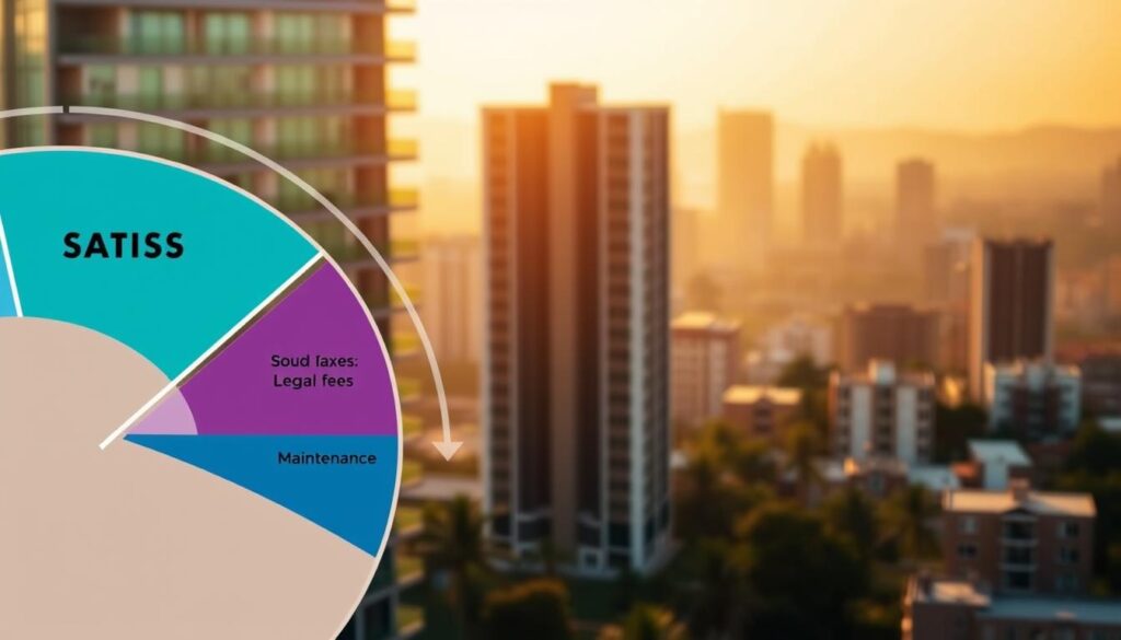 A detailed infographic-style image illustrating the overview of property purchase costs in Brazil. The foreground features a stylized pie chart with segments labeled for different costs such as taxes, legal fees, and maintenance. In the middle ground, depict a modern residential building partially visible, symbolizing real estate. The background is a soft-focus city skyline representing urban Brazil, bathed in warm, natural lighting to create an inviting atmosphere. The overall mood is informative and professional, suitable for an educational article. Use bright, contrasting colors to highlight different cost components, ensuring clarity and engagement without any text or watermarks. A detailed infographic-style image illustrating the overview of property purchase costs in Brazil. The foreground features a stylized pie chart with segments labeled for different costs such as taxes, legal fees, and maintenance. In the middle ground, depict a modern residential building partially visible, symbolizing real estate. The background is a soft-focus city skyline representing urban Brazil, bathed in warm, natural lighting to create an inviting atmosphere. The overall mood is informative and professional, suitable for an educational article. Use bright, contrasting colors to highlight different cost components, ensuring clarity and engagement without any text or watermarks.