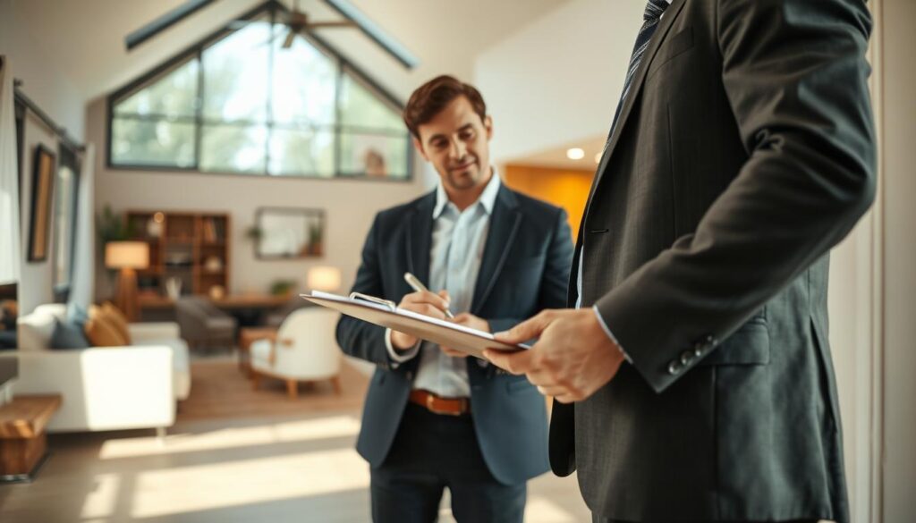 A detailed inspection scene in a modern residential property, showcasing a professional property inspector in business attire examining the interior. In the foreground, the inspector is using a clipboard and pen to take notes, highlighting the diligent nature of the inspection process. In the middle, various elements of the home interior are visible, including a well-lit living room with furniture and decor, emphasizing the home's condition. The background features large windows allowing natural light to flood the space, creating a welcoming atmosphere. The overall mood is focused and professional, suggesting thoroughness and attention to detail. Soft, warm lighting and a slight depth of field effect give a sense of professionalism and authenticity to the scene. A detailed inspection scene in a modern residential property, showcasing a professional property inspector in business attire examining the interior. In the foreground, the inspector is using a clipboard and pen to take notes, highlighting the diligent nature of the inspection process. In the middle, various elements of the home interior are visible, including a well-lit living room with furniture and decor, emphasizing the home's condition. The background features large windows allowing natural light to flood the space, creating a welcoming atmosphere. The overall mood is focused and professional, suggesting thoroughness and attention to detail. Soft, warm lighting and a slight depth of field effect give a sense of professionalism and authenticity to the scene.