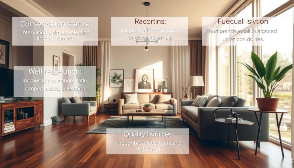A detailed interior of a residential room showcasing various factors that influence property value, such as conservation status, quality materials, and thoughtful design choices. In the foreground, a well-maintained living space with polished wooden flooring, modern yet elegant furnishings, and decorative elements that reflect careful selection. The middle ground includes a large window allowing soft, warm natural light to bathe the room, highlighting the well-maintained walls and ceiling. In the background, tasteful art pieces and potted plants add to the ambiance. The scene is shot from a slightly elevated angle, creating a spacious feel, with a cozy, inviting atmosphere that emphasizes the importance of internal factors in a property's value. A detailed interior of a residential room showcasing various factors that influence property value, such as conservation status, quality materials, and thoughtful design choices. In the foreground, a well-maintained living space with polished wooden flooring, modern yet elegant furnishings, and decorative elements that reflect careful selection. The middle ground includes a large window allowing soft, warm natural light to bathe the room, highlighting the well-maintained walls and ceiling. In the background, tasteful art pieces and potted plants add to the ambiance. The scene is shot from a slightly elevated angle, creating a spacious feel, with a cozy, inviting atmosphere that emphasizes the importance of internal factors in a property's value.