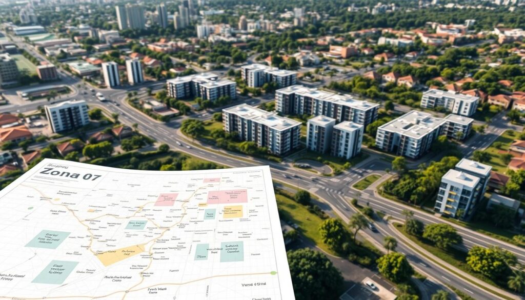 A detailed map and infrastructure layout of the Zona 07 neighborhood in Maringá, showcasing residential buildings, roads, green spaces, and commercial areas. The foreground features a clearly marked map with diverse kitnet developments highlighted in distinct colors, illustrating investment opportunities. In the middle ground, modern buildings depicting various styles of kitnets are positioned, representing a vibrant residential scene. The background includes city landmarks and lush greenery, emphasizing urban charm. Soft, natural lighting enhances the atmosphere, while a slight aerial perspective captures the entire neighborhood, inviting a sense of community and investment potential. The image is sharp and clear, with a professional look, suitable for illustrating real estate market insights. A detailed map and infrastructure layout of the Zona 07 neighborhood in Maringá, showcasing residential buildings, roads, green spaces, and commercial areas. The foreground features a clearly marked map with diverse kitnet developments highlighted in distinct colors, illustrating investment opportunities. In the middle ground, modern buildings depicting various styles of kitnets are positioned, representing a vibrant residential scene. The background includes city landmarks and lush greenery, emphasizing urban charm. Soft, natural lighting enhances the atmosphere, while a slight aerial perspective captures the entire neighborhood, inviting a sense of community and investment potential. The image is sharp and clear, with a professional look, suitable for illustrating real estate market insights.