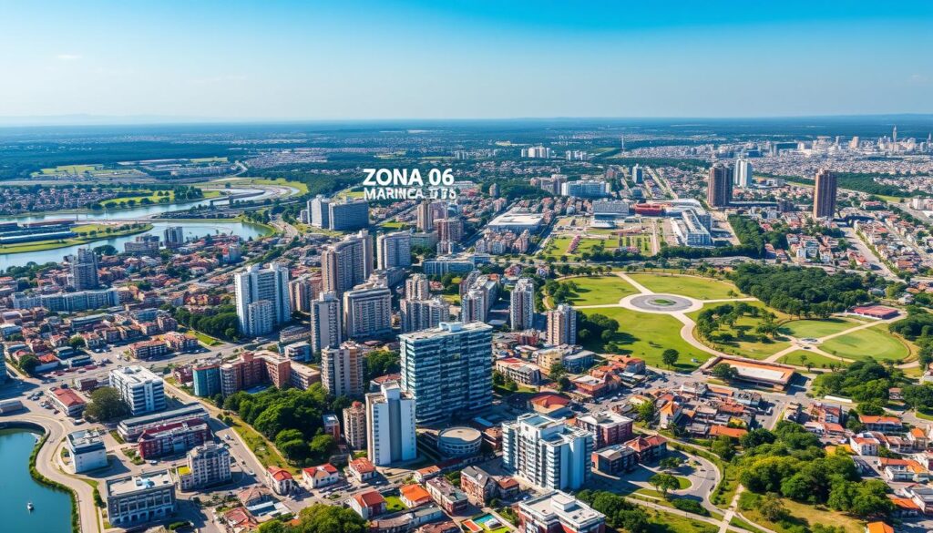 A detailed map highlighting Zona 07, Zona 06, and the Centro in Maringá, Brazil. In the foreground, display a vibrant representation of Zona 07 with colorful landmarks and residential areas, including modern apartment buildings. In the middle ground, show Zona 06 with its commercial establishments and parks. In the background, the Centro area should be depicted with iconic city features such as the central plaza and cultural institutions. The map should be oriented for clear visibility, utilizing natural lighting to emphasize the different zones. Use an aerial perspective to give a comprehensive overview, conveying a sense of exploration and urban vitality, while maintaining a clean and professional design without any text overlays or distractions. A detailed map highlighting Zona 07, Zona 06, and the Centro in Maringá, Brazil. In the foreground, display a vibrant representation of Zona 07 with colorful landmarks and residential areas, including modern apartment buildings. In the middle ground, show Zona 06 with its commercial establishments and parks. In the background, the Centro area should be depicted with iconic city features such as the central plaza and cultural institutions. The map should be oriented for clear visibility, utilizing natural lighting to emphasize the different zones. Use an aerial perspective to give a comprehensive overview, conveying a sense of exploration and urban vitality, while maintaining a clean and professional design without any text overlays or distractions.