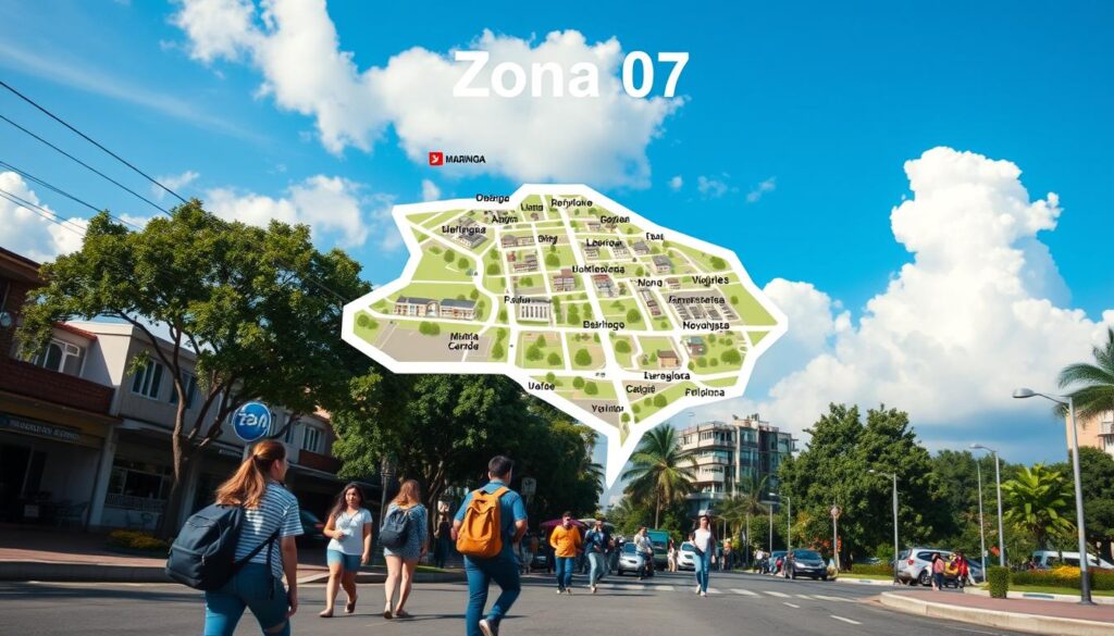 A detailed map of Zona 07 in Maringá, Brazil, highlighting key landmarks and features. In the foreground, a vibrant street scene showing modestly dressed students walking with backpacks, surrounded by trees and cafes. The middle layer features the distinct layout of the neighborhood, showcasing residential blocks, parks, and proximity to the UEM university. In the background, a clear blue sky with soft white clouds, providing a bright and inviting atmosphere. Use a wide-angle lens to capture the essence of the area, with natural daylight illuminating the scene. The overall mood is lively and academic, perfect for students considering life in Zona 07. A detailed map of Zona 07 in Maringá, Brazil, highlighting key landmarks and features. In the foreground, a vibrant street scene showing modestly dressed students walking with backpacks, surrounded by trees and cafes. The middle layer features the distinct layout of the neighborhood, showcasing residential blocks, parks, and proximity to the UEM university. In the background, a clear blue sky with soft white clouds, providing a bright and inviting atmosphere. Use a wide-angle lens to capture the essence of the area, with natural daylight illuminating the scene. The overall mood is lively and academic, perfect for students considering life in Zona 07.