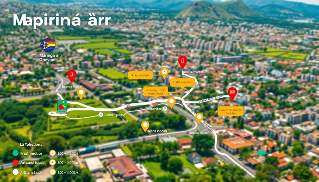 A detailed map of the open-air markets in Maringá, Brazil, showcasing key locations and their operating hours. In the foreground, vibrant icons represent various market types such as fresh produce, crafts, and artisanal foods. The middle ground features highlighted paths and street names in a user-friendly layout, emphasizing accessibility. The background displays a lively cityscape of Maringá, with green spaces and residential buildings, creating a welcoming atmosphere. The lighting is bright and inviting, suggesting a sunny day ideal for market visits. The image is crafted in a clean, infographic style, ensuring clarity and ease of navigation, without any text overlays or clutter. A detailed map of the open-air markets in Maringá, Brazil, showcasing key locations and their operating hours. In the foreground, vibrant icons represent various market types such as fresh produce, crafts, and artisanal foods. The middle ground features highlighted paths and street names in a user-friendly layout, emphasizing accessibility. The background displays a lively cityscape of Maringá, with green spaces and residential buildings, creating a welcoming atmosphere. The lighting is bright and inviting, suggesting a sunny day ideal for market visits. The image is crafted in a clean, infographic style, ensuring clarity and ease of navigation, without any text overlays or clutter.
