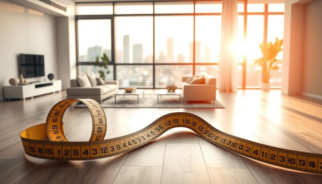 A detailed, modern apartment layout depicting the concept of square meters in a real estate context. In the foreground, a large measuring tape unfurls along the floor, highlighting the precision of space measurement. In the middle, an open floor plan shows a stylish living room with contemporary furniture, featuring a large window allowing warm, natural sunlight to illuminate the space. In the background, a view of the cityscape can be seen through the window, suggesting an urban environment. The overall mood is professional and sleek, emphasizing clarity and modern living. Use soft, diffused lighting to create an inviting atmosphere, captured from a slightly elevated angle to showcase the dimensions clearly. A detailed, modern apartment layout depicting the concept of square meters in a real estate context. In the foreground, a large measuring tape unfurls along the floor, highlighting the precision of space measurement. In the middle, an open floor plan shows a stylish living room with contemporary furniture, featuring a large window allowing warm, natural sunlight to illuminate the space. In the background, a view of the cityscape can be seen through the window, suggesting an urban environment. The overall mood is professional and sleek, emphasizing clarity and modern living. Use soft, diffused lighting to create an inviting atmosphere, captured from a slightly elevated angle to showcase the dimensions clearly.