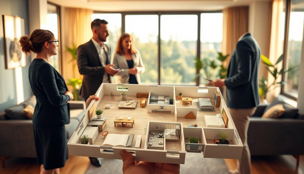 A detailed, modern architectural floor plan showcased in a lively, humanized context. In the foreground, display a beautifully rendered 3D floor plan of a cozy apartment, complete with labeled rooms, furniture, and plants to highlight space utilization. In the middle ground, incorporate diverse individuals in professional attire discussing the layout; two architects and a potential homeowner engaging in a collaborative conversation, illustrating their interaction with the design. The background features a bright, inviting interior environment with large windows allowing natural light to flood the space. Use warm, soft lighting to create a welcoming atmosphere, emphasizing the idea of home and functionality. The angle should be slightly elevated to capture both the floor plan and the human elements effectively, ensuring a professional and friendly mood. A detailed, modern architectural floor plan showcased in a lively, humanized context. In the foreground, display a beautifully rendered 3D floor plan of a cozy apartment, complete with labeled rooms, furniture, and plants to highlight space utilization. In the middle ground, incorporate diverse individuals in professional attire discussing the layout; two architects and a potential homeowner engaging in a collaborative conversation, illustrating their interaction with the design. The background features a bright, inviting interior environment with large windows allowing natural light to flood the space. Use warm, soft lighting to create a welcoming atmosphere, emphasizing the idea of home and functionality. The angle should be slightly elevated to capture both the floor plan and the human elements effectively, ensuring a professional and friendly mood.