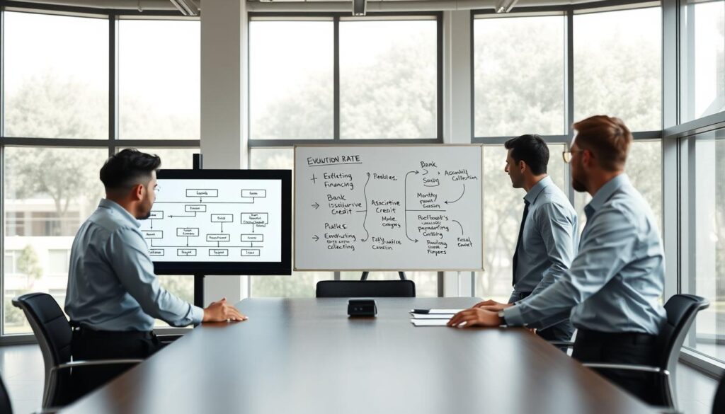 A detailed, modern office setting with a large conference table in the foreground. Business professionals in modest, professional attire are gathered around the table, discussing a complex flowchart on a digital screen that illustrates the evolution rate in construction financing. In the middle ground, a whiteboard displays key concepts like "bank disbursement flow," "associative credit," and "monthly payment collection," sketched in clear, easy-to-read diagrams. The background features large windows allowing natural light to flood the room, creating a bright, productive atmosphere. The mood is collaborative and focused, emphasizing rational discussion and teamwork. Use a soft focus lens effect to highlight the foreground details, while the background remains slightly blurred to keep the attention on the professionals and the informative visuals. A detailed, modern office setting with a large conference table in the foreground. Business professionals in modest, professional attire are gathered around the table, discussing a complex flowchart on a digital screen that illustrates the evolution rate in construction financing. In the middle ground, a whiteboard displays key concepts like "bank disbursement flow," "associative credit," and "monthly payment collection," sketched in clear, easy-to-read diagrams. The background features large windows allowing natural light to flood the room, creating a bright, productive atmosphere. The mood is collaborative and focused, emphasizing rational discussion and teamwork. Use a soft focus lens effect to highlight the foreground details, while the background remains slightly blurred to keep the attention on the professionals and the informative visuals.