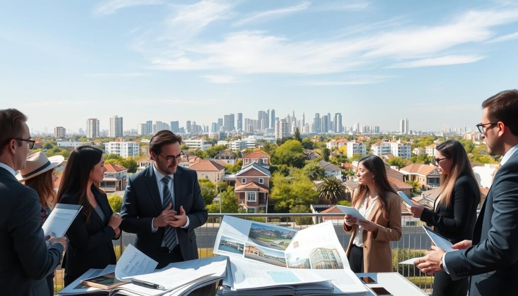 A detailed panorama of the real estate market showcasing a vibrant city landscape. In the foreground, depict a diverse group of professionals in business attire discussing property plans, surrounded by sleek real estate brochures and digital tablets. In the middle ground, show modern residential buildings, for sale signs, and open houses, with people exploring various properties. The background features a skyline with a mix of high-rises and greenery, under a bright, clear blue sky. Soft natural lighting casts gentle shadows, creating a warm and inviting atmosphere. Capture the essence of thriving real estate activity, emphasizing the need for careful consideration in property buying. A detailed panorama of the real estate market showcasing a vibrant city landscape. In the foreground, depict a diverse group of professionals in business attire discussing property plans, surrounded by sleek real estate brochures and digital tablets. In the middle ground, show modern residential buildings, for sale signs, and open houses, with people exploring various properties. The background features a skyline with a mix of high-rises and greenery, under a bright, clear blue sky. Soft natural lighting casts gentle shadows, creating a warm and inviting atmosphere. Capture the essence of thriving real estate activity, emphasizing the need for careful consideration in property buying.