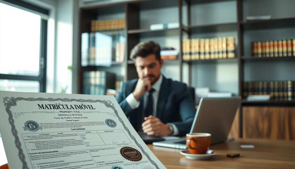 A detailed property title document prominently displayed in a well-lit, modern office environment. In the foreground, the document, titled "Matrícula Imóvel," features intricate designs, official seals, and a list of property details. In the middle ground, a professional individual, dressed in business attire, examines the document with a thoughtful expression, surrounded by a neat desk with an open laptop and a cup of coffee. The background consists of a sophisticated bookshelf filled with law books and real estate guides, softly illuminated by natural light streaming through a nearby window. The atmosphere is serious and focused, conveying the importance of property ownership documentation. A detailed property title document prominently displayed in a well-lit, modern office environment. In the foreground, the document, titled "Matrícula Imóvel," features intricate designs, official seals, and a list of property details. In the middle ground, a professional individual, dressed in business attire, examines the document with a thoughtful expression, surrounded by a neat desk with an open laptop and a cup of coffee. The background consists of a sophisticated bookshelf filled with law books and real estate guides, softly illuminated by natural light streaming through a nearby window. The atmosphere is serious and focused, conveying the importance of property ownership documentation.