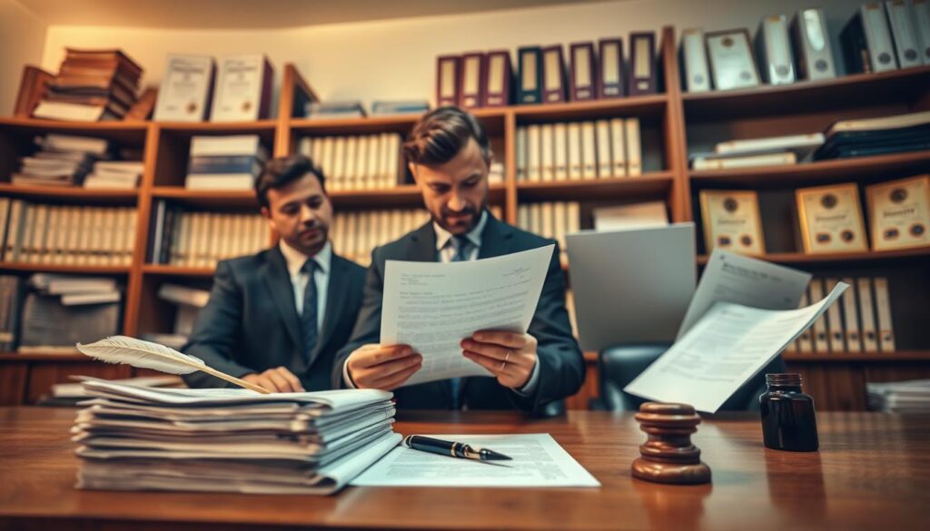 A detailed real estate registration office scene, featuring a wooden desk with a stack of neatly arranged legal documents, a quill pen, and an ink pot in the foreground. In the middle, a serious professional in a business suit is examining a property deed with focused intent, while another individual, also in business attire, is holding a prepared property registration application. In the background, shelves filled with property registration books and certificates evoke a sense of tradition and authority. Soft, warm overhead lighting creates a welcoming atmosphere, enhancing the seriousness of the transaction. The perspective is slightly elevated, providing a clear view of the engaged individuals and the meticulous details of the registration process. The overall mood is professional and informative, reflecting the importance of property registration. A detailed real estate registration office scene, featuring a wooden desk with a stack of neatly arranged legal documents, a quill pen, and an ink pot in the foreground. In the middle, a serious professional in a business suit is examining a property deed with focused intent, while another individual, also in business attire, is holding a prepared property registration application. In the background, shelves filled with property registration books and certificates evoke a sense of tradition and authority. Soft, warm overhead lighting creates a welcoming atmosphere, enhancing the seriousness of the transaction. The perspective is slightly elevated, providing a clear view of the engaged individuals and the meticulous details of the registration process. The overall mood is professional and informative, reflecting the importance of property registration.