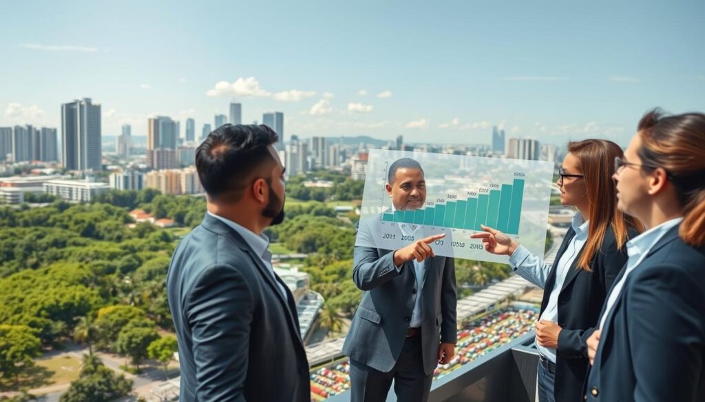A detailed representation of the real estate landscape in Brazil, focusing on various factors that influence property value. In the foreground, a diverse group of professional individuals in business attire is engaged in a discussion, pointing towards a digital presentation showing fluctuating property values. The middle ground features a modern city skyline with a mix of high-rise buildings and residential areas, reflecting economic diversity. In the background, lush green parks and a bustling market illustrate the vibrant community life. The scene is bathed in soft, natural daylight, enhancing the clarity and vibrancy of the city's architecture. Capture this moment from a slightly elevated angle to provide an overview while maintaining an engaging and professional atmosphere. A detailed representation of the real estate landscape in Brazil, focusing on various factors that influence property value. In the foreground, a diverse group of professional individuals in business attire is engaged in a discussion, pointing towards a digital presentation showing fluctuating property values. The middle ground features a modern city skyline with a mix of high-rise buildings and residential areas, reflecting economic diversity. In the background, lush green parks and a bustling market illustrate the vibrant community life. The scene is bathed in soft, natural daylight, enhancing the clarity and vibrancy of the city's architecture. Capture this moment from a slightly elevated angle to provide an overview while maintaining an engaging and professional atmosphere.