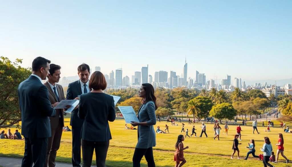 A detailed scene depicting an urban landscape that represents quality of life metrics in Mandaguari, Paraná. In the foreground, showcase a diverse group of people in professional attire, engaged in discussion, holding charts and data sheets related to the IPDM (Índice de Padrão de Desempenho Municipal). The middle ground features a bustling park with individuals exercising, families enjoying leisure activities, and children playing, symbolizing a healthy community life. In the background, outline the city's skyline with modern architecture and greenery, under a clear blue sky. Use soft, warm lighting to create an inviting atmosphere, with a focus on communication and collaboration among citizens. Capture the essence of community engagement and the pursuit of improved quality of life metrics in an optimistic tone. A detailed scene depicting an urban landscape that represents quality of life metrics in Mandaguari, Paraná. In the foreground, showcase a diverse group of people in professional attire, engaged in discussion, holding charts and data sheets related to the IPDM (Índice de Padrão de Desempenho Municipal). The middle ground features a bustling park with individuals exercising, families enjoying leisure activities, and children playing, symbolizing a healthy community life. In the background, outline the city's skyline with modern architecture and greenery, under a clear blue sky. Use soft, warm lighting to create an inviting atmosphere, with a focus on communication and collaboration among citizens. Capture the essence of community engagement and the pursuit of improved quality of life metrics in an optimistic tone.