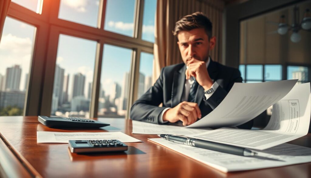 A detailed scene depicting the concept of "imposto sobre transmissão" (ITBI) related to property transfer. In the foreground, an elegant wooden desk with property documents, a calculator, and a pen arranged neatly. A professional in smart business attire, focused and thoughtful, reviewing documents. The middle ground features a large, partially open window, letting in soft, warm natural light, casting gentle shadows on the desk. In the background, an urban landscape with tall buildings and a clear blue sky can be seen, symbolizing property transaction. The overall mood is serious and informative, capturing the importance of understanding tax implications in property transfers. The image should convey professionalism and clarity, inviting the viewer to engage with the subject matter. A detailed scene depicting the concept of "imposto sobre transmissão" (ITBI) related to property transfer. In the foreground, an elegant wooden desk with property documents, a calculator, and a pen arranged neatly. A professional in smart business attire, focused and thoughtful, reviewing documents. The middle ground features a large, partially open window, letting in soft, warm natural light, casting gentle shadows on the desk. In the background, an urban landscape with tall buildings and a clear blue sky can be seen, symbolizing property transaction. The overall mood is serious and informative, capturing the importance of understanding tax implications in property transfers. The image should convey professionalism and clarity, inviting the viewer to engage with the subject matter.