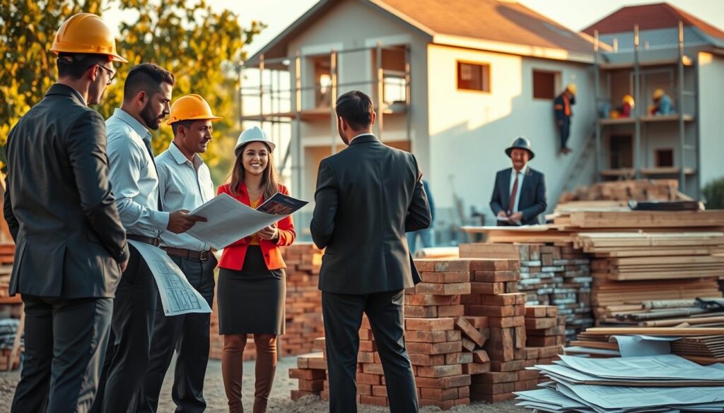 A detailed scene illustrating construction costs in Brazil. In the foreground, a diverse group of professionals in business attire—architects and builders—are discussing plans while analyzing blueprints and construction materials. In the middle ground, stacks of bricks, lumber, and construction tools are organized neatly, showcasing the various elements involved in building a house. In the background, a partially constructed house reveals scaffolding and workers in safety gear. The lighting is warm and inviting, mimicking a late afternoon sun, casting soft shadows that create a sense of depth. The atmosphere is focused yet collaborative, emphasizing the complexities of construction and the professional dedication involved. A detailed scene illustrating construction costs in Brazil. In the foreground, a diverse group of professionals in business attire—architects and builders—are discussing plans while analyzing blueprints and construction materials. In the middle ground, stacks of bricks, lumber, and construction tools are organized neatly, showcasing the various elements involved in building a house. In the background, a partially constructed house reveals scaffolding and workers in safety gear. The lighting is warm and inviting, mimicking a late afternoon sun, casting soft shadows that create a sense of depth. The atmosphere is focused yet collaborative, emphasizing the complexities of construction and the professional dedication involved.