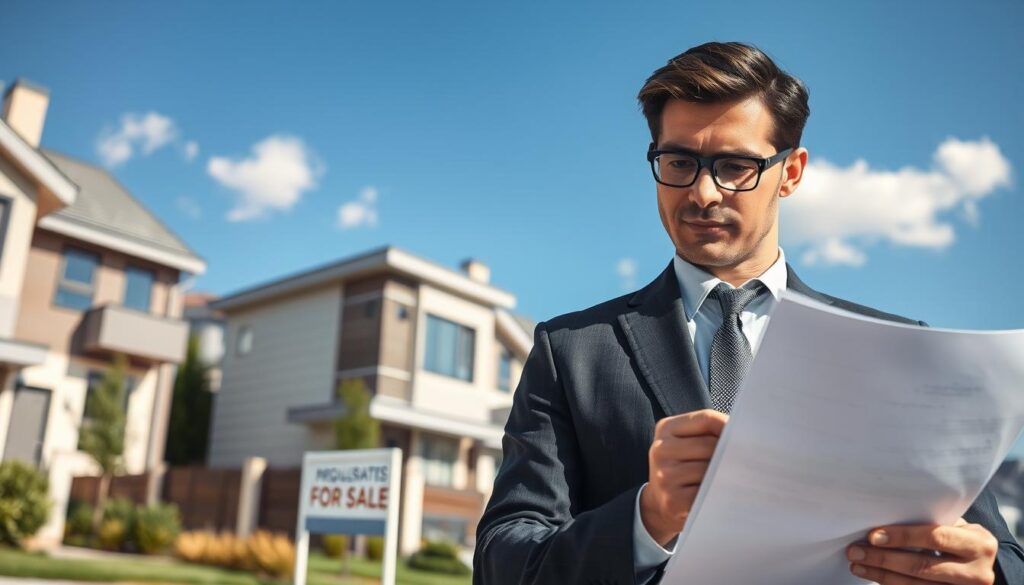 A detailed scene illustrating the concept of "regularity in real estate." In the foreground, present a confident professional in business attire, examining a set of legal documents related to property ownership. In the middle ground, depict a well-maintained residential property, showcasing modern architecture with a "For Sale" sign in front, emphasizing the importance of property regulation. In the background, include a clear blue sky and a few scattered, fluffy clouds, symbolizing transparency and trust in real estate. The lighting should be bright and natural, casting soft shadows to create a welcoming atmosphere. Focus on capturing a sense of professionalism and stability, reflecting the significance of having a regularized property. A detailed scene illustrating the concept of "regularity in real estate." In the foreground, present a confident professional in business attire, examining a set of legal documents related to property ownership. In the middle ground, depict a well-maintained residential property, showcasing modern architecture with a "For Sale" sign in front, emphasizing the importance of property regulation. In the background, include a clear blue sky and a few scattered, fluffy clouds, symbolizing transparency and trust in real estate. The lighting should be bright and natural, casting soft shadows to create a welcoming atmosphere. Focus on capturing a sense of professionalism and stability, reflecting the significance of having a regularized property.